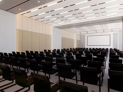 Spacious Modern Conference Room With Neatly Arranged Black Chairs And Large Projection Screen 3d model