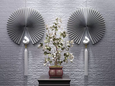Bonsai Potted Plant in Red Pot with Gray Brick Wall and Fan Decorations White Tassels 3d model