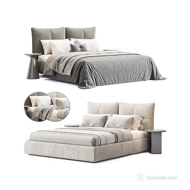 Modern Double Bed Design With Upholstered Headboard Soft Gray Bedding And Side Tables 3d model 