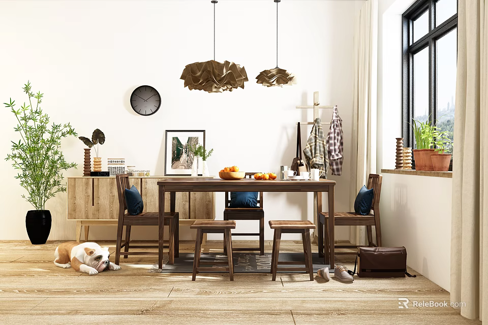 Wooden Dining Table Set With Chairs Pendant Lights And Natural Light Interior 3d model 