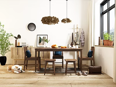 Wooden Dining Table Set With Chairs Pendant Lights And Natural Light Interior 3d model