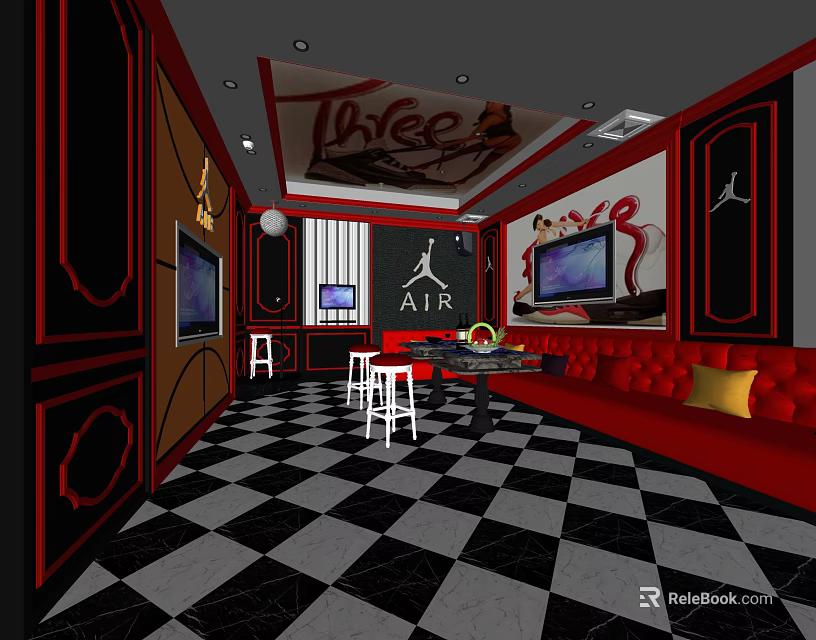 Modern KTV Room Design With Red Black Decor Checkered Floor TV Screens And Sofa 3d model 