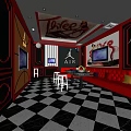 Modern KTV Room Design With Red Black Decor Checkered Floor TV Screens And Sofa