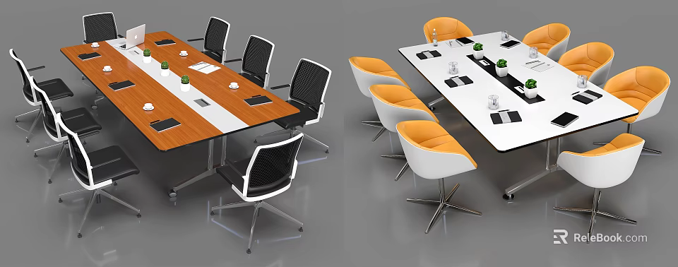 Modern Conference Table with Orange White Top Black White Orange Chairs Notebooks Cups Green Plants 3d model 