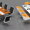 Modern Conference Table with Orange White Top Black White Orange Chairs Notebooks Cups Green Plants