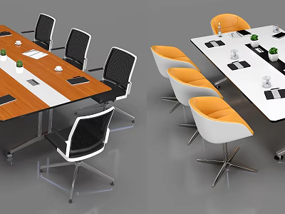 Modern Conference Table with Orange White Top Black White Orange Chairs Notebooks Cups Green Plants 3d model