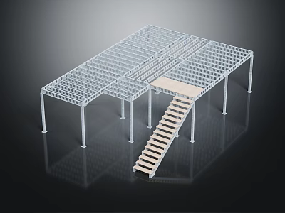 Modern Metal Grid Frame Structure With Lattice Roof And Wooden Staircase Design 3d model