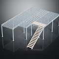 Modern Metal Grid Frame Structure With Lattice Roof And Wooden Staircase Design