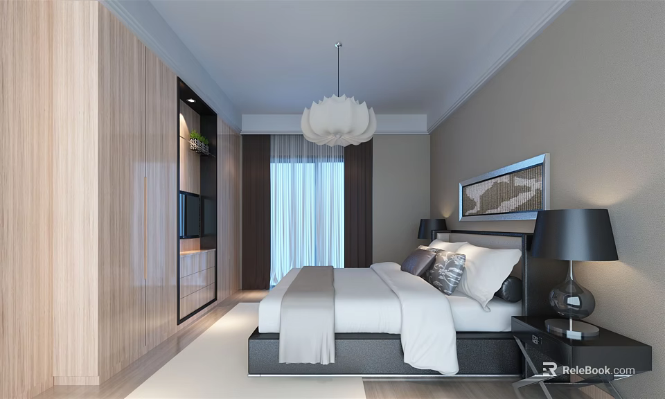 Modern Hotel Room Interior Design With Comfortable Bed Pendant Light And Curtains 3d model 