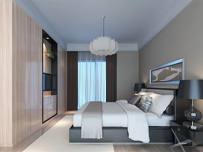 Modern Hotel Room Interior Design With Comfortable Bed Pendant Light And Curtains 3d model