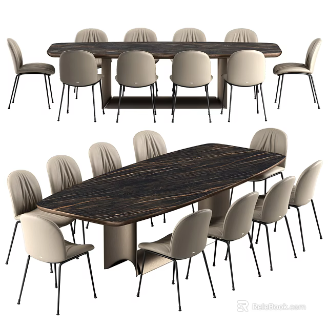 Modern Dining Table Set With Dark Wooden Top And Light Upholstered Chairs 3d model 