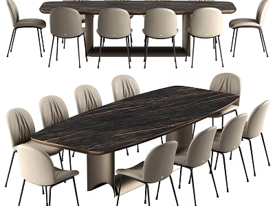 Modern Dining Table Set With Dark Wooden Top And Light Upholstered Chairs 3d model