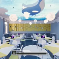 School Modern Classroom With Starry Sky Ceiling White Pendant Lights Large Screen And Colorful Desks