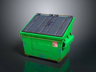 Green Household Trash Bin With Black Lid And Red Label For Daily Use 3d model