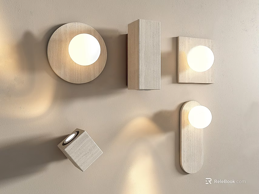 Modern Wooden Wall Lamps with Different Shapes and Round Light for Soft Glow Home Decor 3d model 