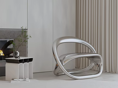 Modern Silver Leisure Chair With Curved Design In Minimalist Living Room Interior 3d model