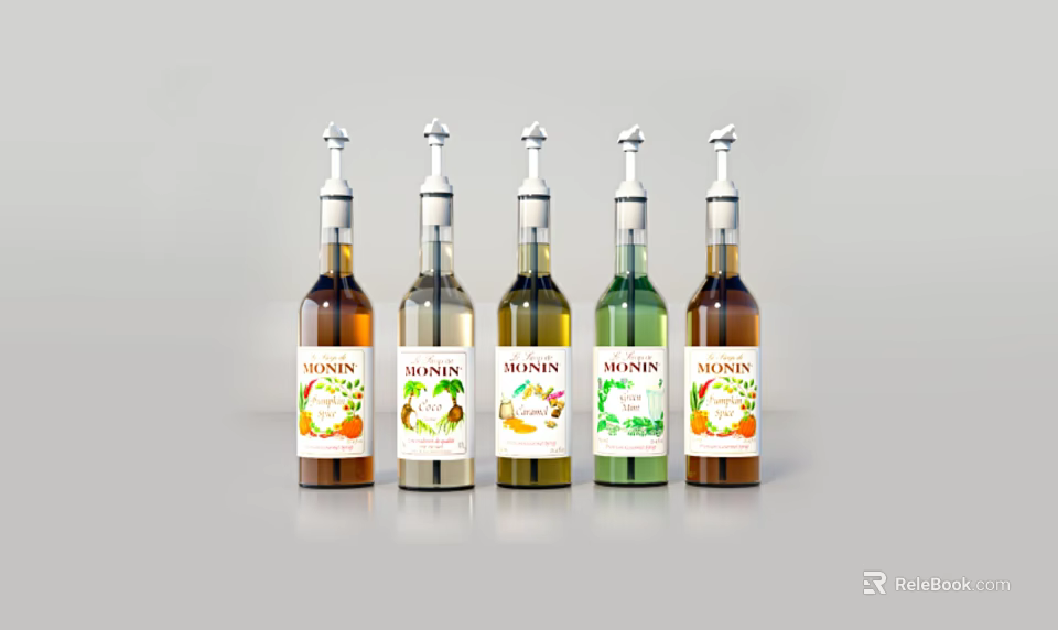 Five BONNIN Seasoning Bottles in Different Colors with Transparent Bodies and Silver Caps 3d model 