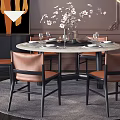 Round Marble Top Dining Table Set With Leather Chairs Decorative Frames And Abstract Painting 3d model