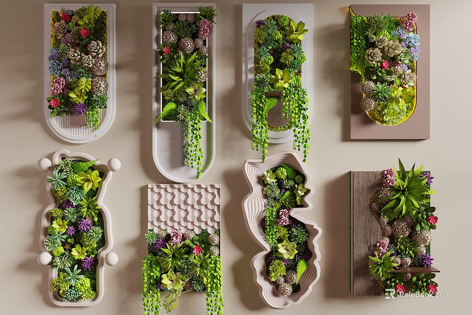 Creative Indoor Plant Wall Decor With Succulents Greenery And Colorful Flowers 3d model 