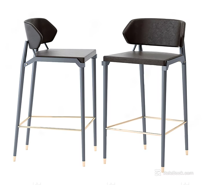 Modern Black Bar Stools With Leather Seats Dark Gray Metal Legs And Golden Base 3d model 