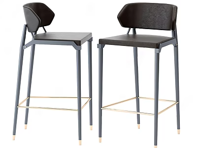 Modern Black Bar Stools With Leather Seats Dark Gray Metal Legs And Golden Base 3d model