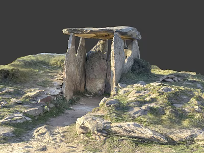 Historic Ancient Dolmen Structure With Standing Stones Capstone On Grassy Rocky Terrain 3d model