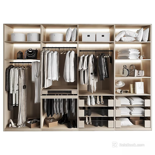 Organized Walk-in Closet with Hanging Clothes Folded Clothes Shoes Bags Storage Boxes and Shelves 3d model 