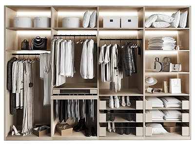 Organized Walk-in Closet with Hanging Clothes Folded Clothes Shoes Bags Storage Boxes and Shelves 3d model