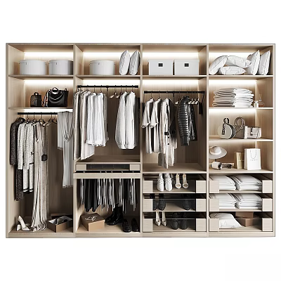 Organized Walk-in Closet with Hanging Clothes Folded Clothes Shoes Bags Storage Boxes and Shelves 3d model