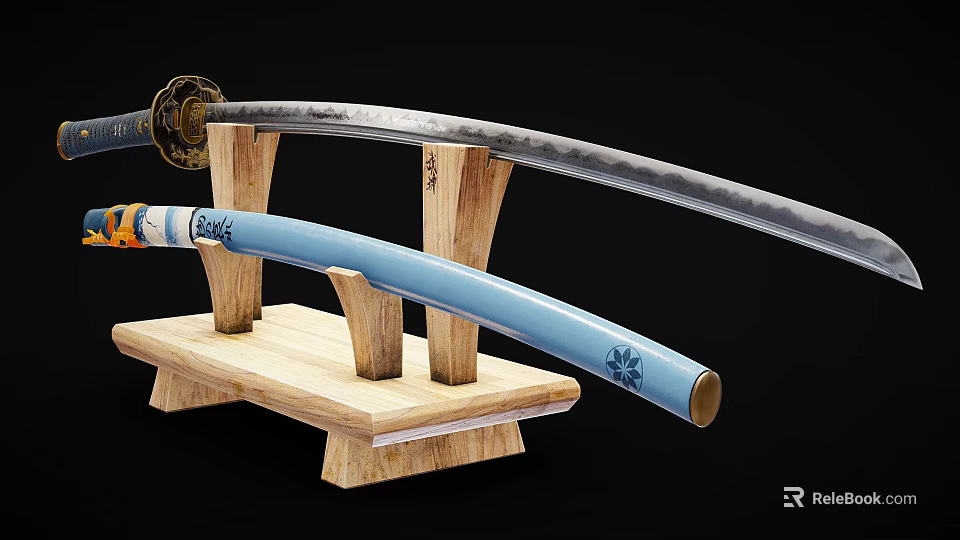 Traditional Japanese Katana Weapons on Wooden Stand with Decorative Hilt and Blue Scabbard Patterns 3d model 