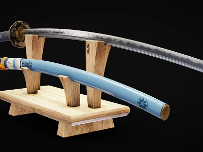Traditional Japanese Katana Weapons on Wooden Stand with Decorative Hilt and Blue Scabbard Patterns 3d model