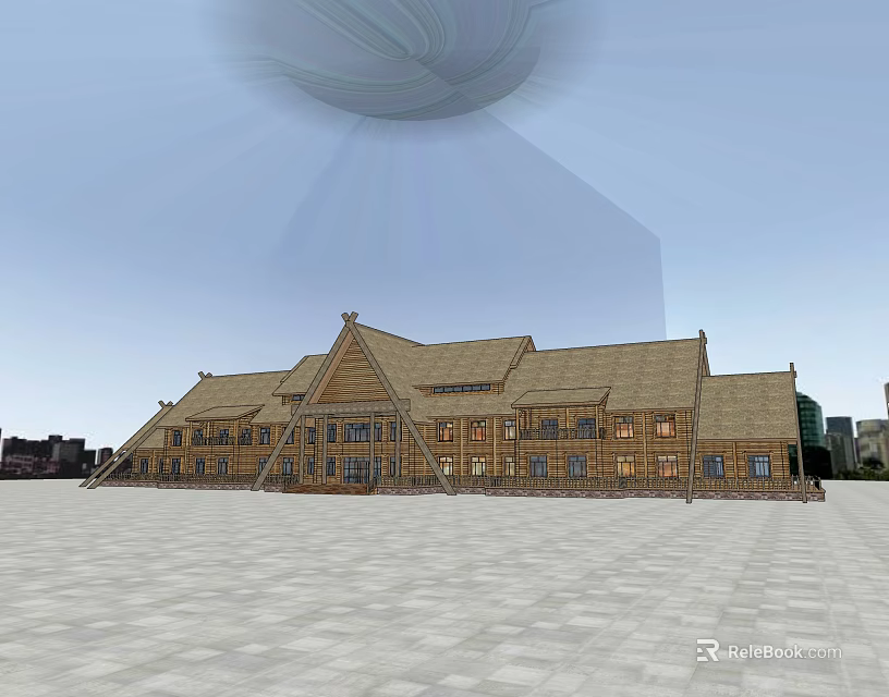 Large Wooden Building With Sloped Roof Multiple Windows Open Square City Background Floating Circular Object 3d model 