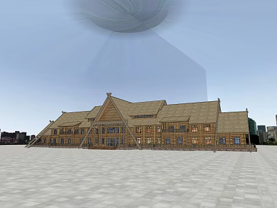 Large Wooden Building With Sloped Roof Multiple Windows Open Square City Background Floating Circular Object 3d model