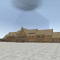 Large Wooden Building With Sloped Roof Multiple Windows Open Square City Background Floating Circular Object
