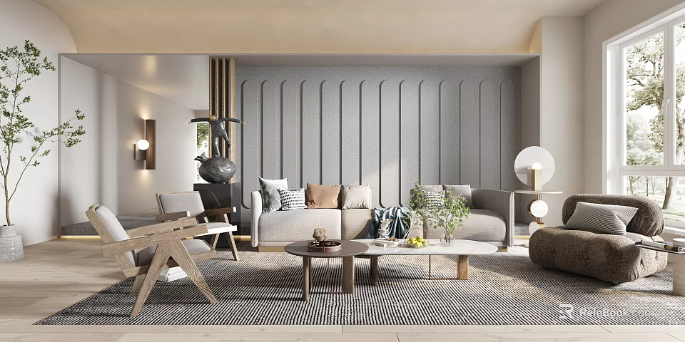 Modern Living Room Interior Design With Textured Gray Wall Sofa Coffee Table And Patterned Rug 3d model