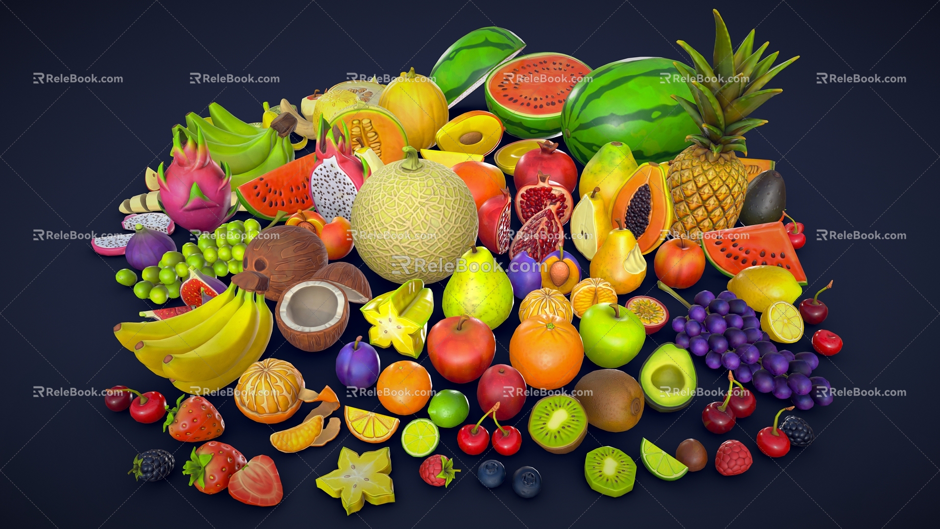 Cartoon fruit apple banana pear orange mango coconut avocado pineapple watermelon grape cherry lemon 3d model