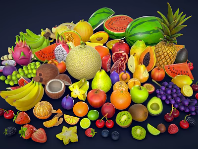 Cartoon fruit apple banana pear orange mango coconut avocado pineapple watermelon grape cherry lemon 3d model