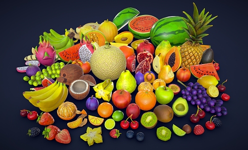 Cartoon fruit apple banana pear orange mango coconut avocado pineapple watermelon grape cherry lemon 3d model