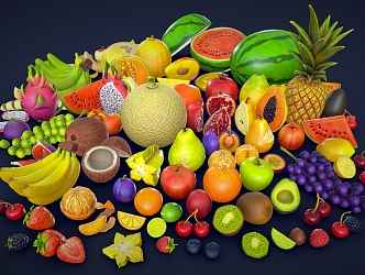 Cartoon fruit apple banana pear orange mango coconut avocado pineapple watermelon grape cherry lemon 3d model