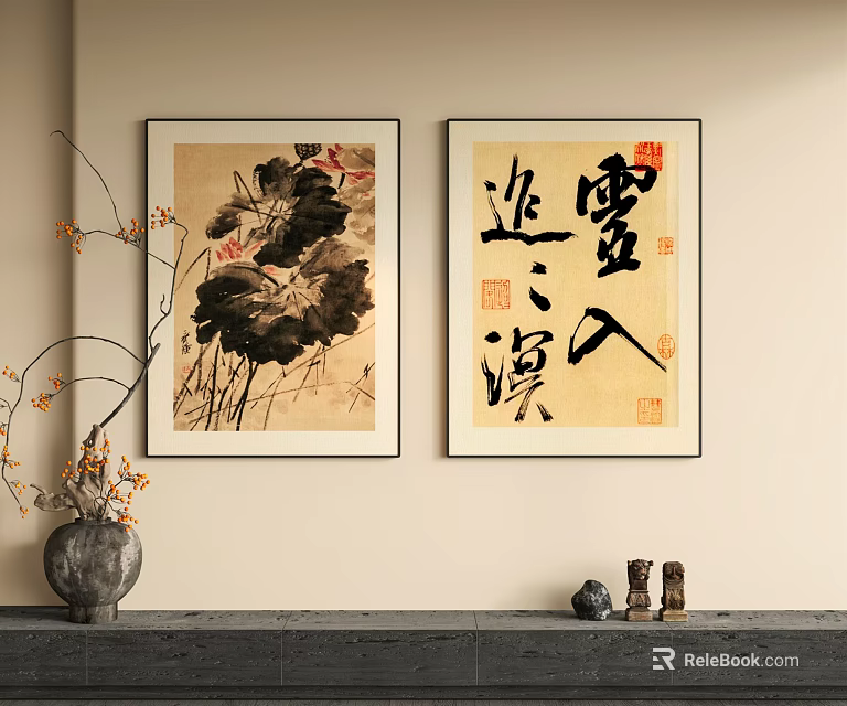 Traditional Chinese Ink Painting And Calligraphy Art As Wall Decor In Living Room 3d model 