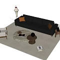 Modern Black Leather Sofa And Round Marble Coffee Table Set With Brown Cushions Beige Carpet