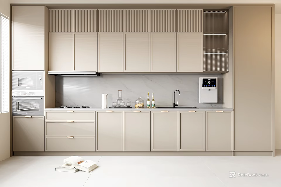 Modern Kitchen Interior With Light Colored Cabinets Countertop Oven And Water Dispenser 3d model 