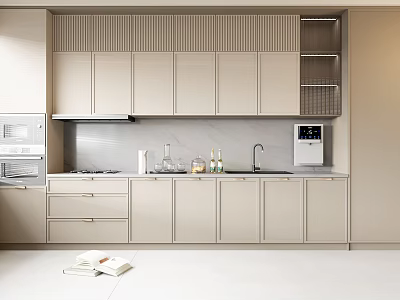 Modern Kitchen Interior With Light Colored Cabinets Countertop Oven And Water Dispenser 3d model