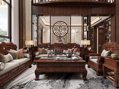 Chinese Style Living Room with Mahogany Sofa Coffee Table Traditional Screen and Classic Decorations 3d model