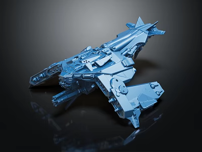 Blue Science Fiction Spaceship Model With Complex Structure And Multiple Components On Black Reflective Surface 3d model