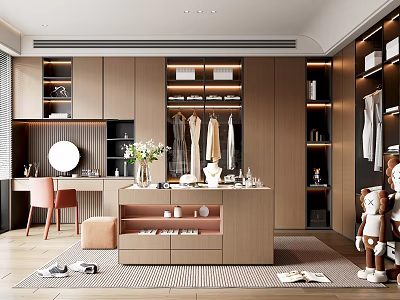 Elegant Modern Walk in Closet With Wooden Cabinets Hanging Clothes Dressing Table Mirror And Lighting 3d model