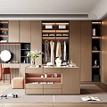 Elegant Modern Walk in Closet With Wooden Cabinets Hanging Clothes Dressing Table Mirror And Lighting