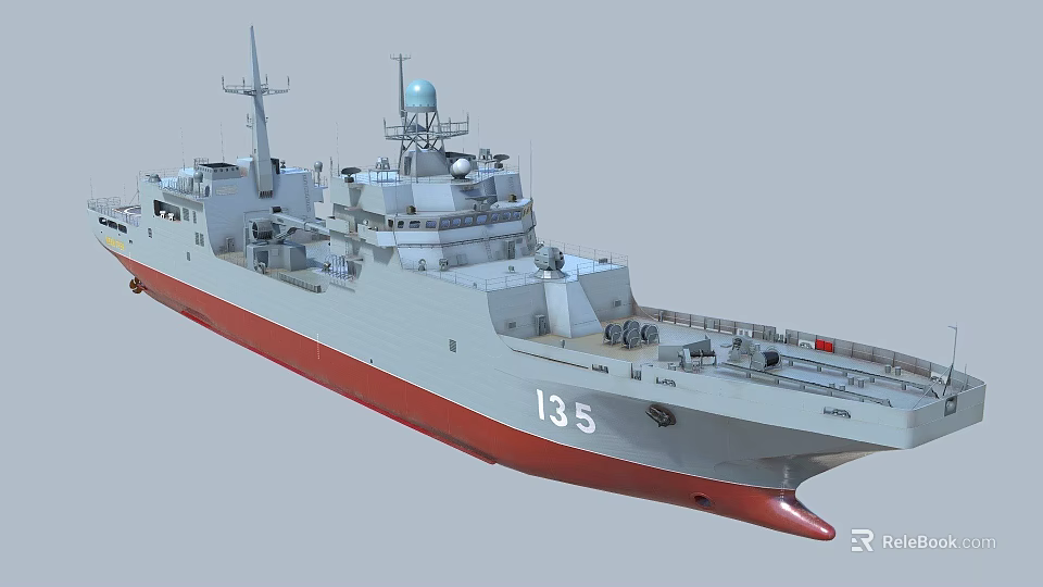 Gray Warship With Red Bottom Number 135 And Superstructure Radar Equipment 3d model 