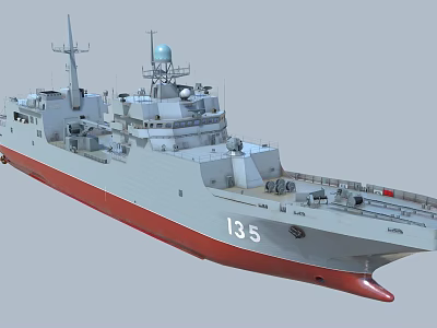 Gray Warship With Red Bottom Number 135 And Superstructure Radar Equipment 3d model