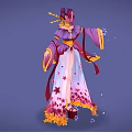 Elegant Fantasy Female Character In Purple Pink Traditional Outfit With Floating Petals And Ribbons